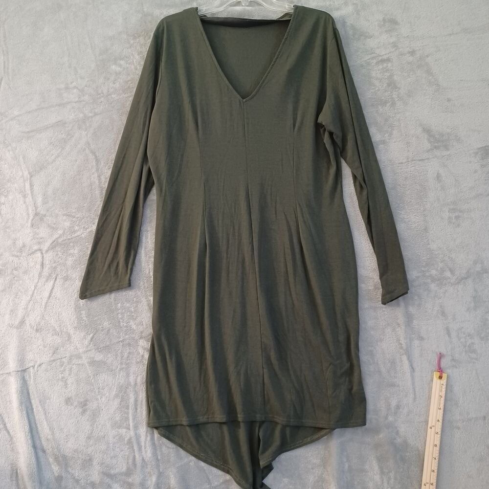 Vtg Lew Magram XL Dress Minimalist Lagenlook Oversize Midi Olive Green Vneck‎